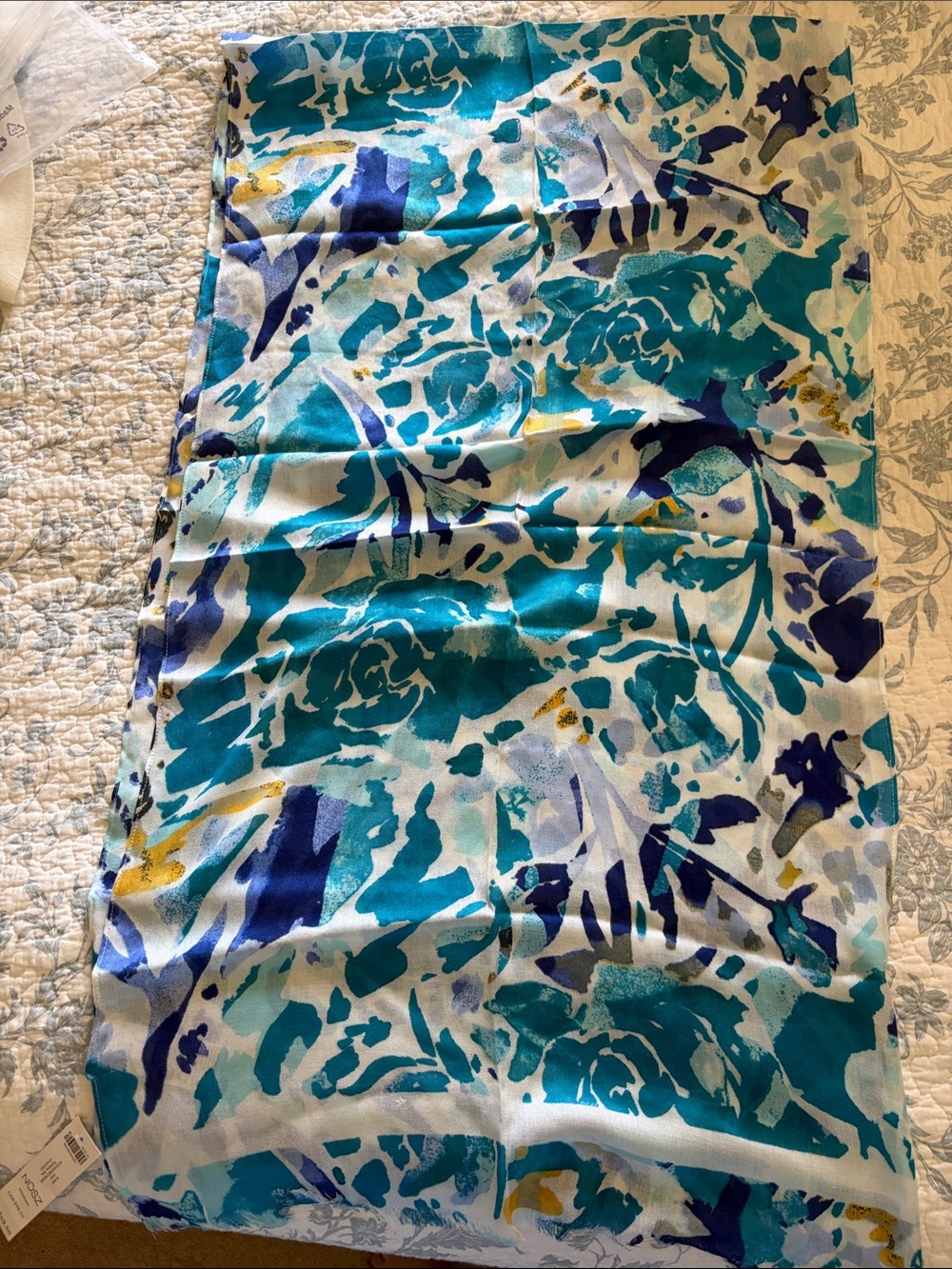 Chico's Teal, Navy & Gold Floral Silk-Feel Scarf